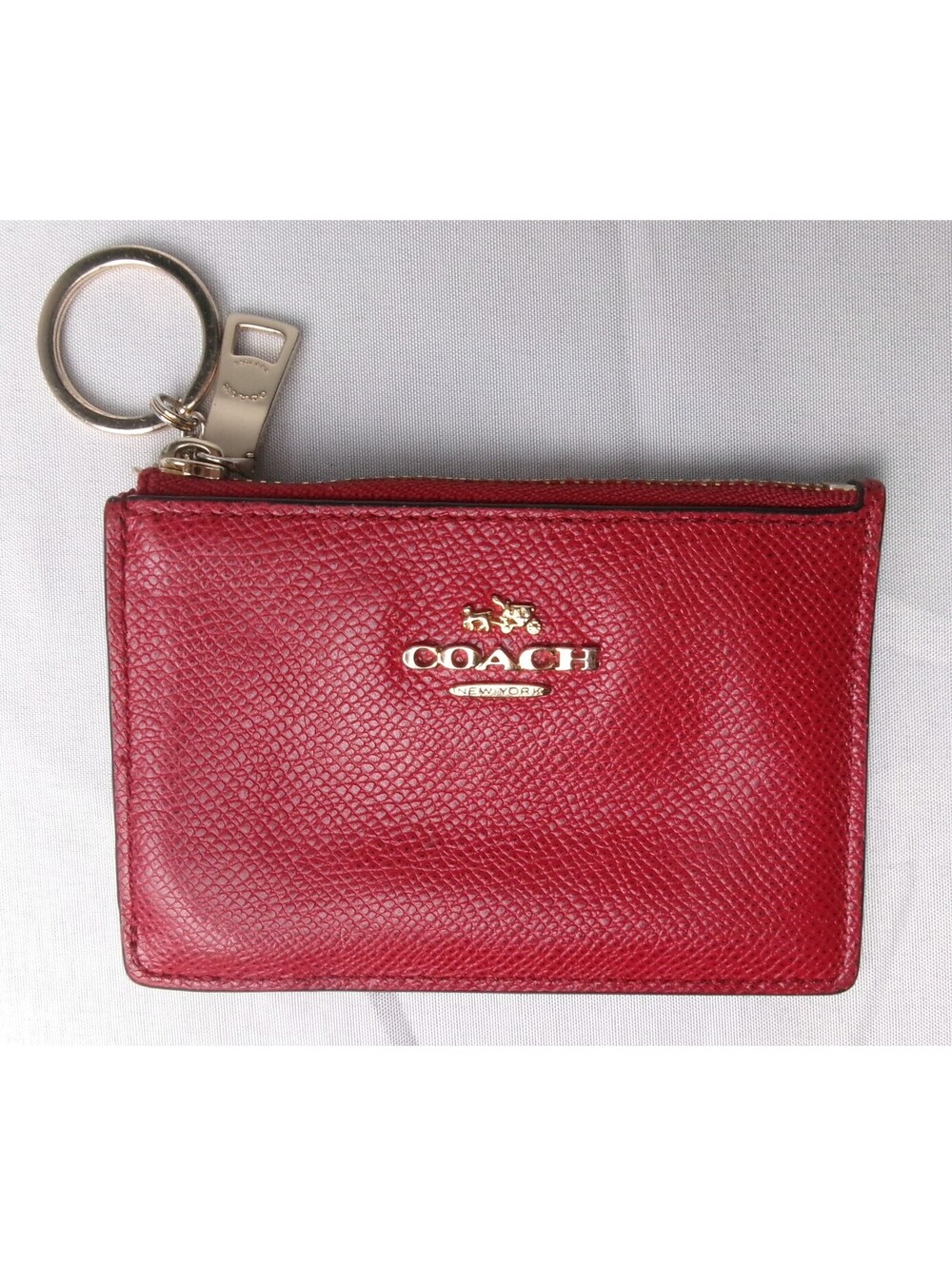 Coach 52394 Red Leather Zip Card Case ID Wallet Key Ring Coin Purse